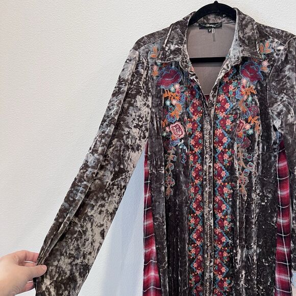ANDREE By Unit Crushed Velvet Button Down Kimono/dress Mixed Media Plaid Small - Picture 3 of 7